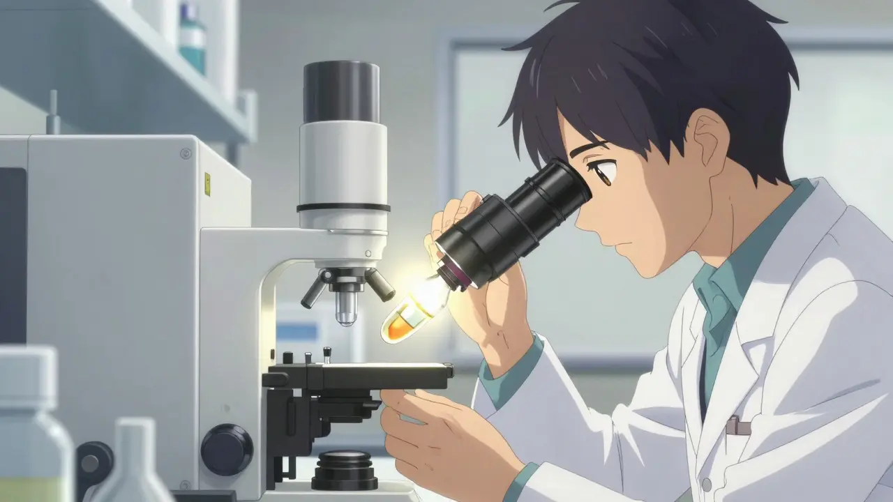 Researcher examining a complex vial in a sterile laboratory setting.