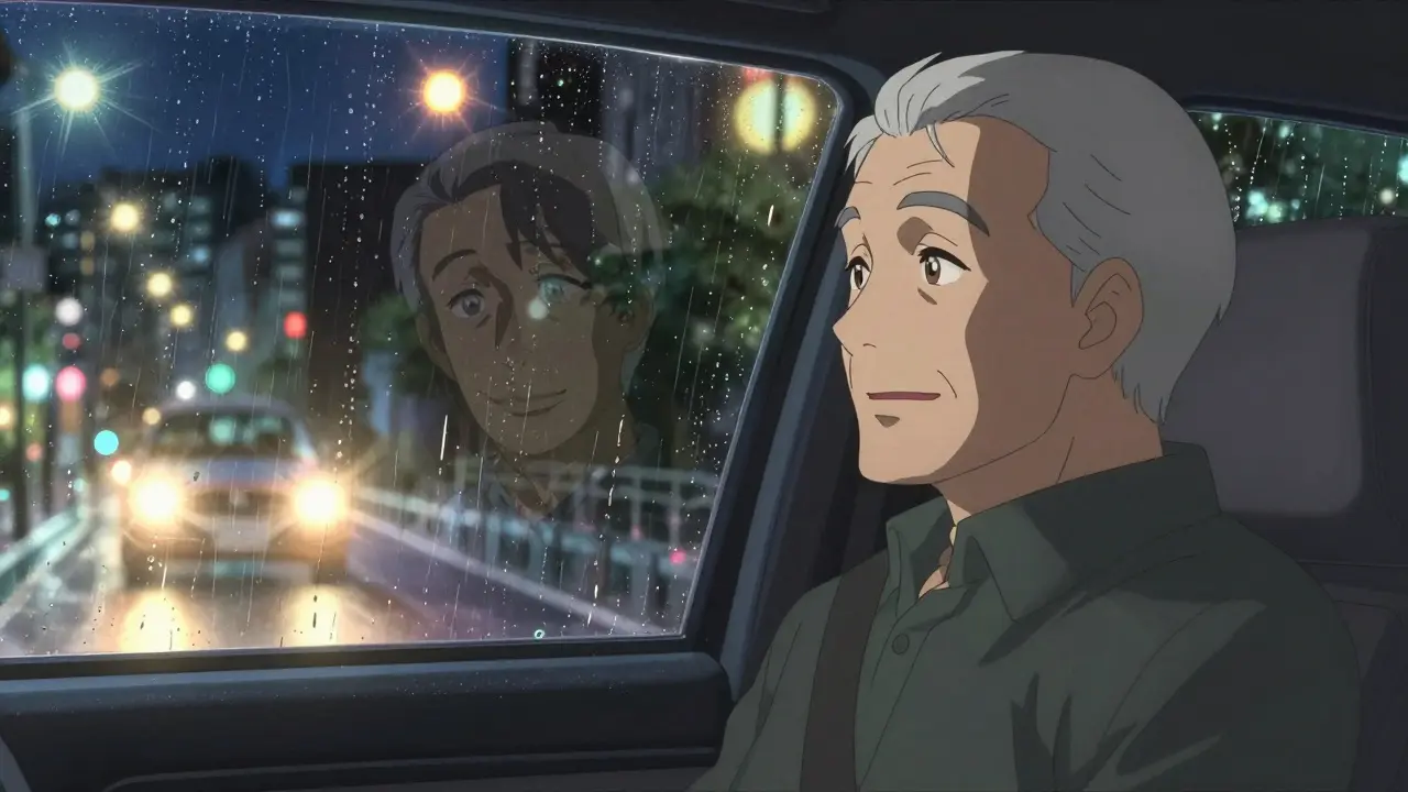 Senior man smiling in car at night, now seeing clear, vibrant lights as his reflection shows a younger self.
