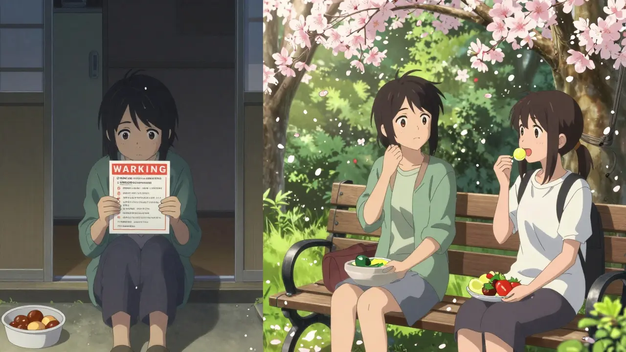 Split scene: lonely person with warning card left, smiling with friend eating fruit right, cherry blossoms between.