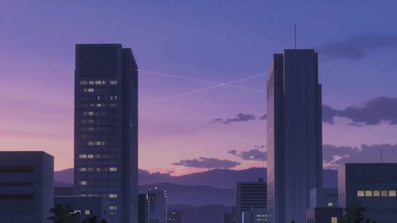 Two modern buildings under twilight connected by faint glowing threads.