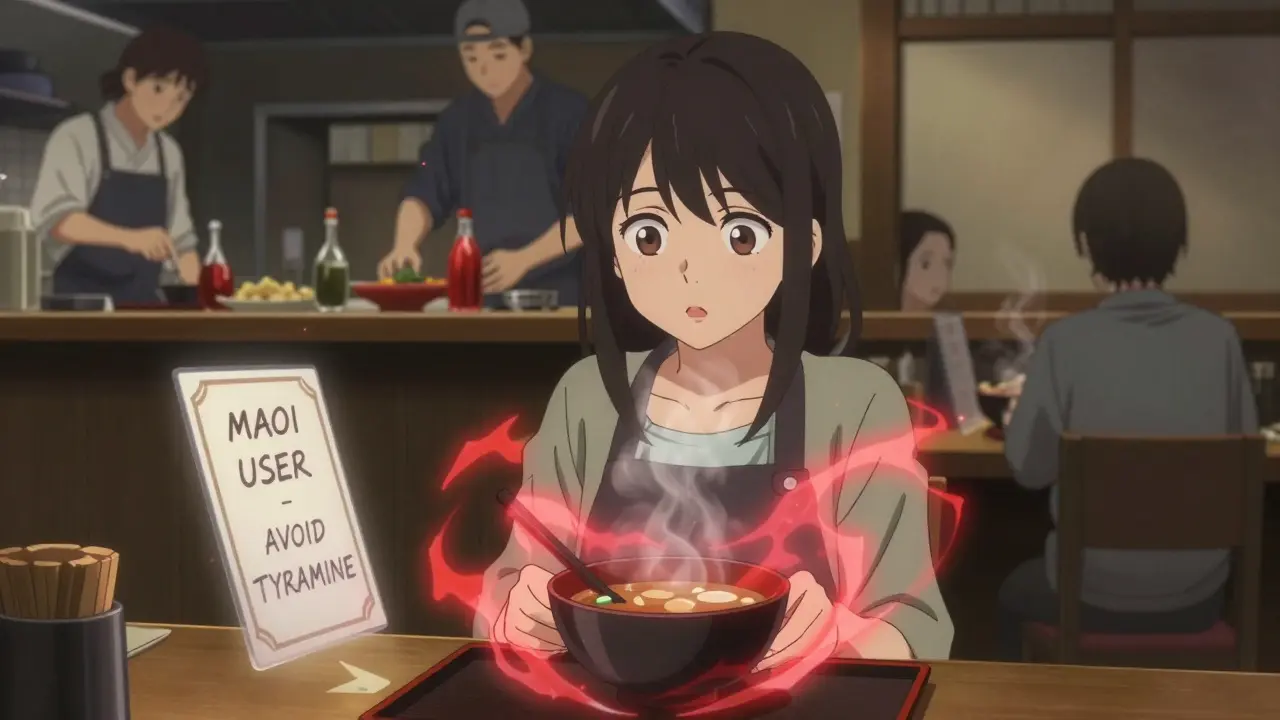 Woman at restaurant staring in shock as red shockwave emanates from miso soup, hidden sauces in background.