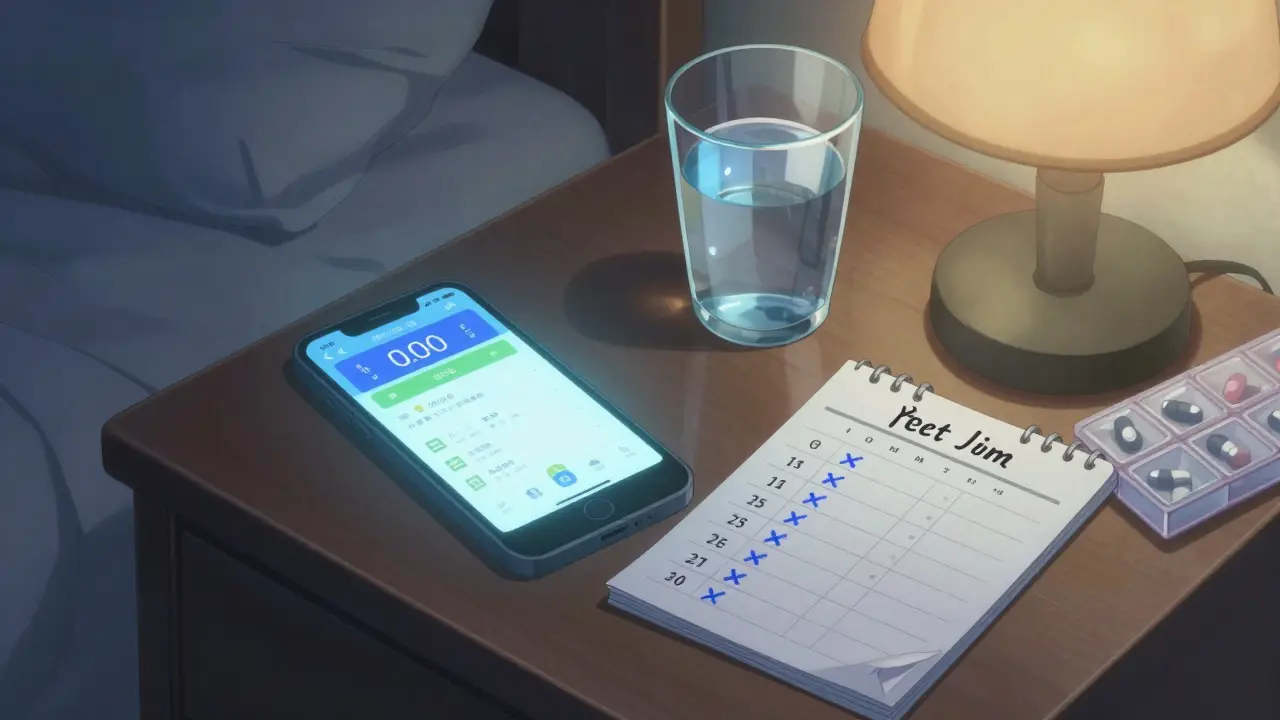 A bedside table with a smartphone alarm, a medication log calendar, and a glass of water