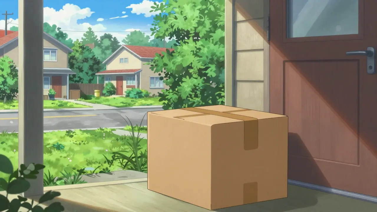 A delivered pharmacy package sitting on a sunny suburban doorstep