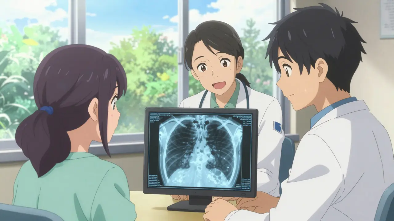 A doctor and patient reviewing a successful lung scan with expressions of relief