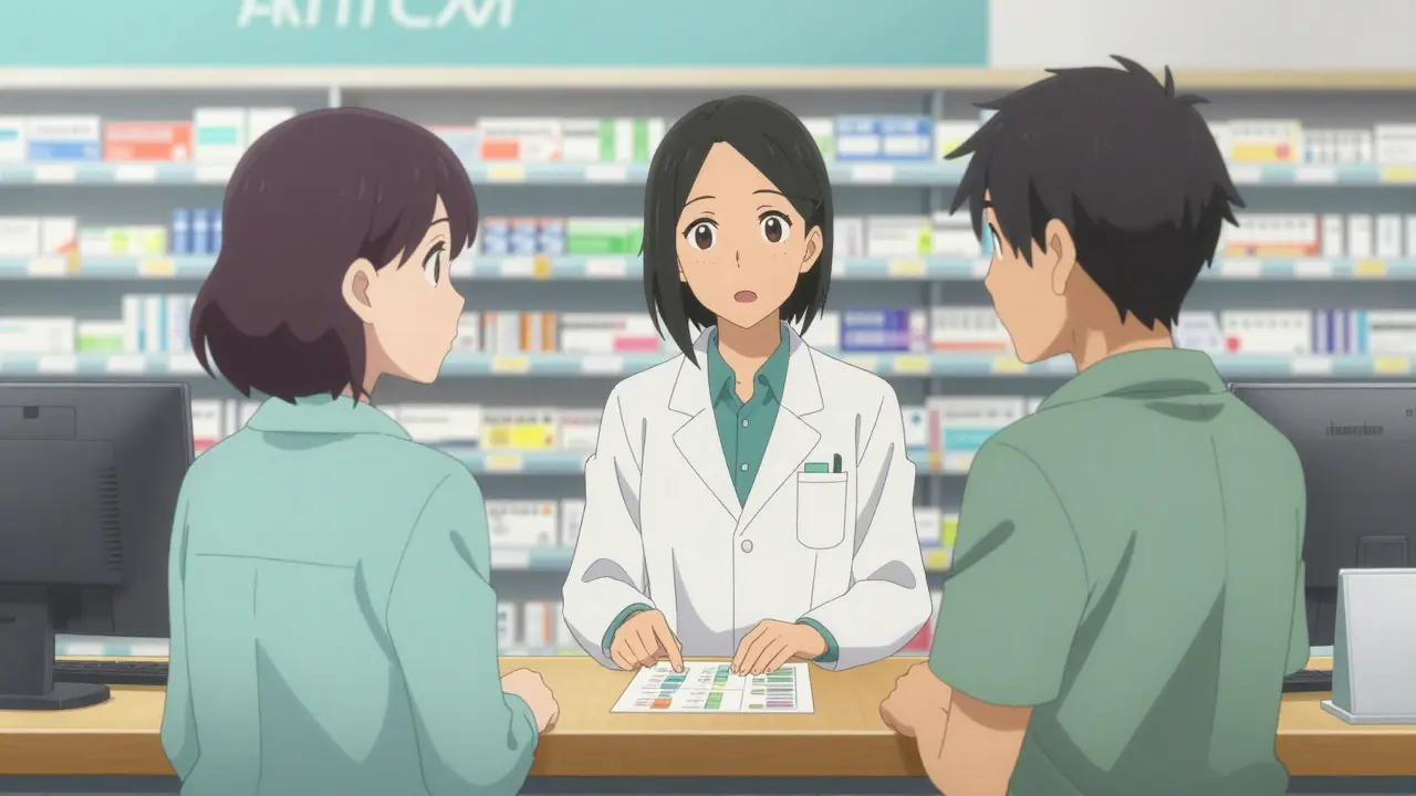 A patient talking to a pharmacist at a pharmacy counter to clarify medication instructions