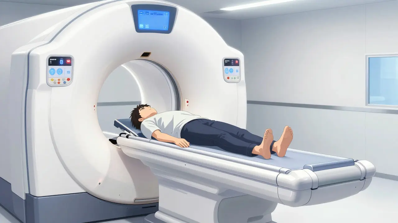 A patient undergoing a low-dose CT scan in a modern medical facility