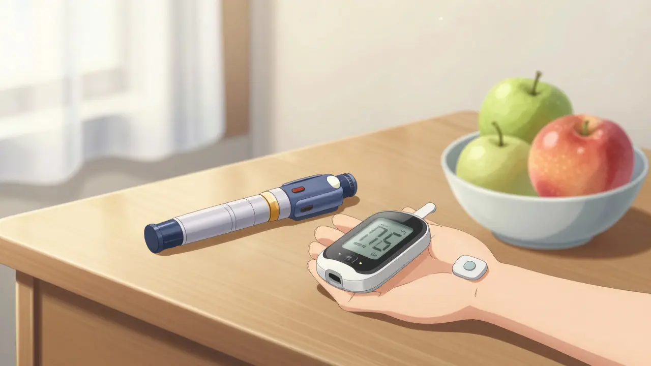 Anime close-up of an insulin pen and glucose monitor on a sunlit table with fruit.