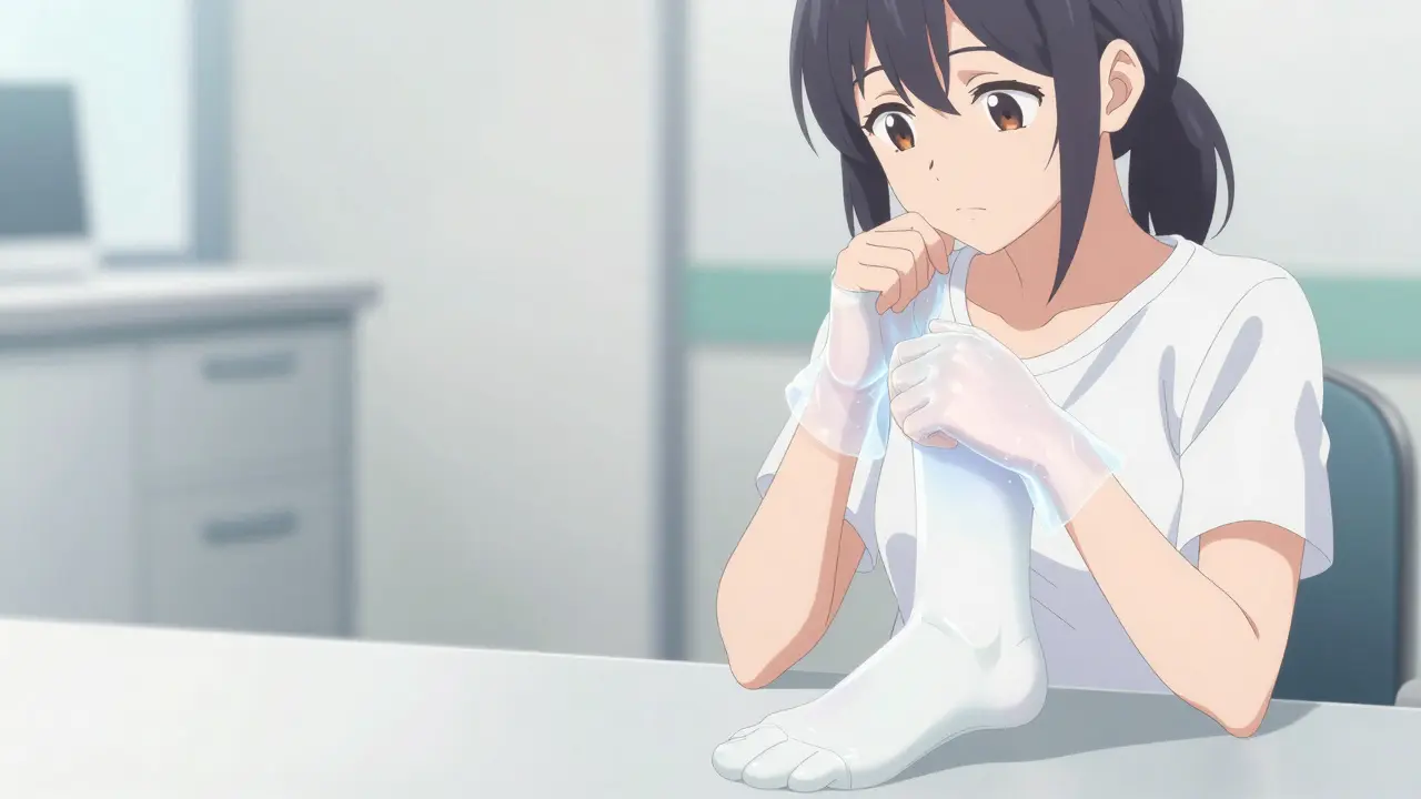 Anime illustration showing ghostly glove and stocking overlays on a person to represent neuropathy.