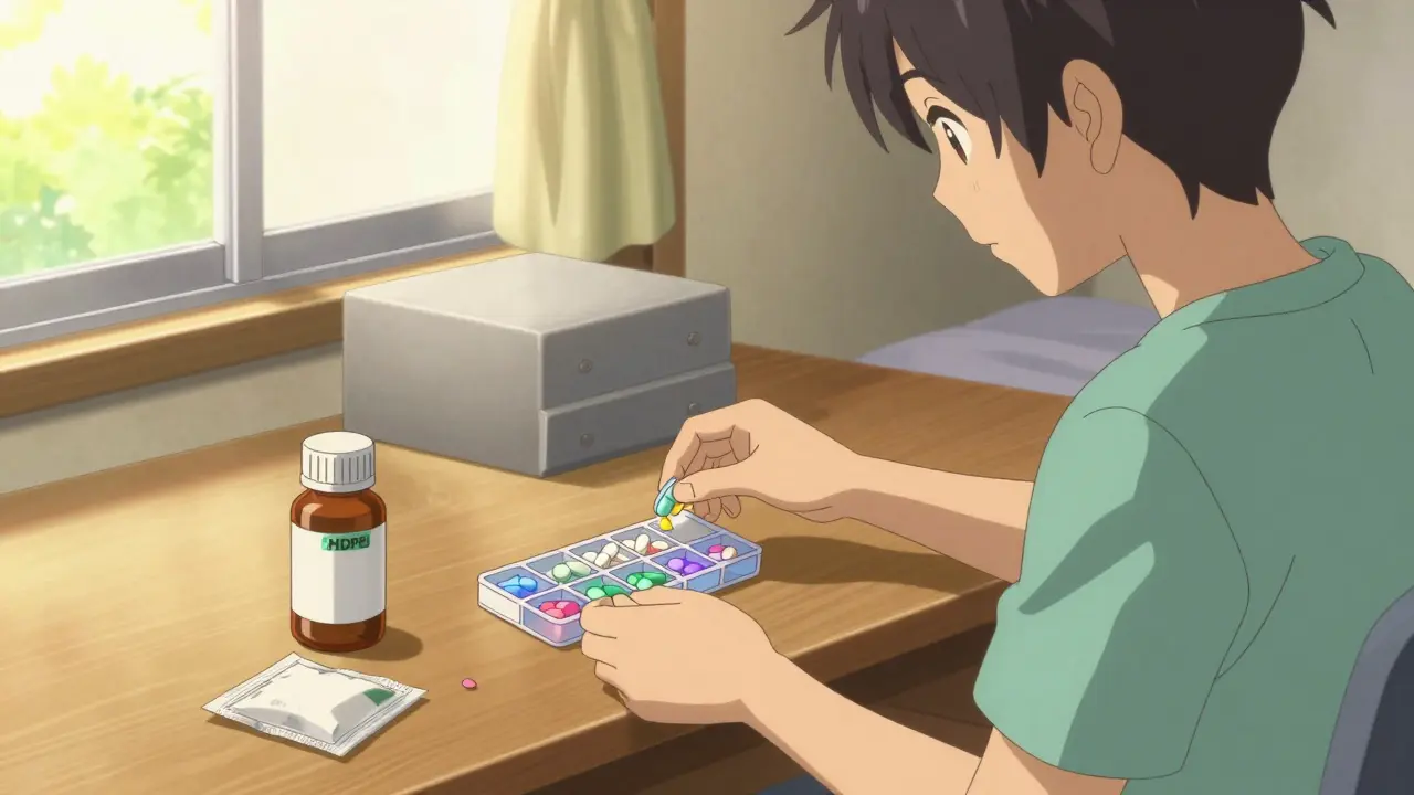 Anime scene of a person organizing pills in a sunny, dry bedroom environment.