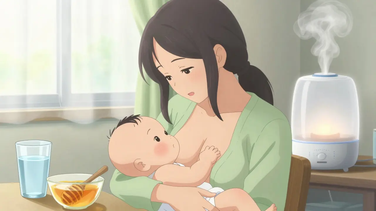 Anime style mother nursing an alert baby with a humidifier and water nearby