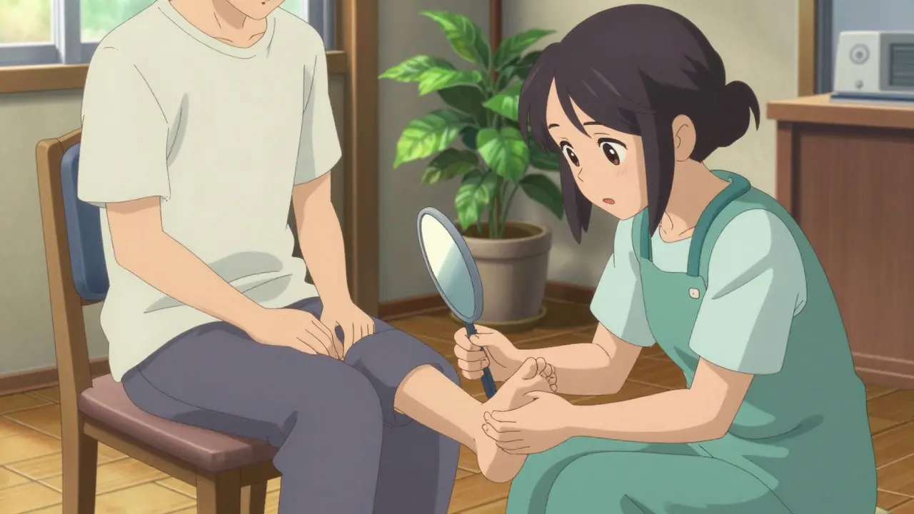 Caregiver using a mirror to perform a daily foot check for a patient in a soft-lit room.