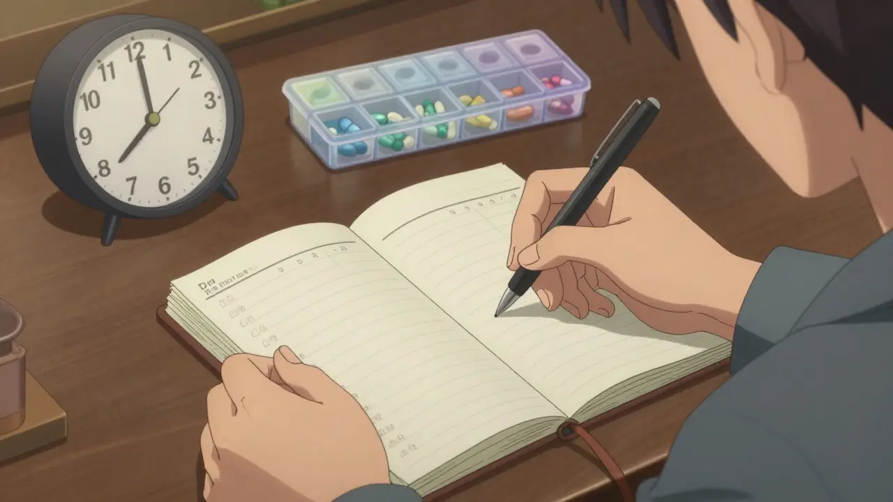 Close-up of a person organizing a medication schedule in a handwritten diary