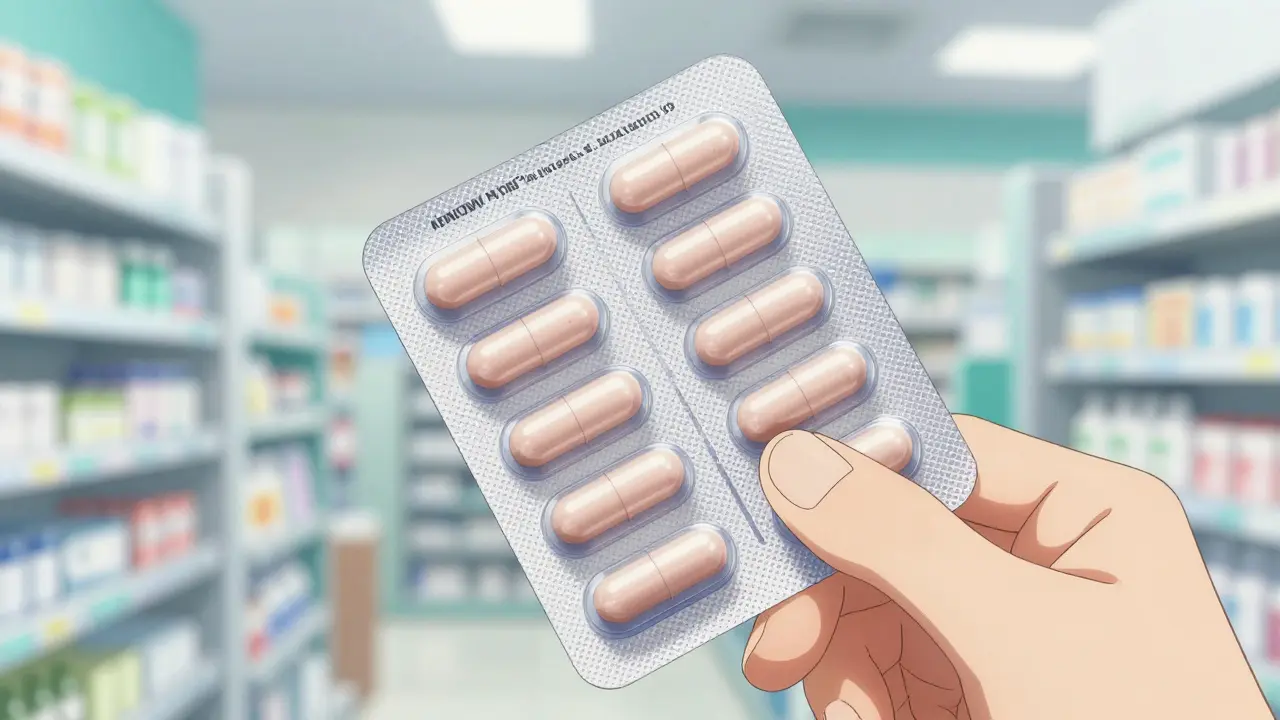 Close-up of a sealed pharmaceutical blister pack in a bright pharmacy.