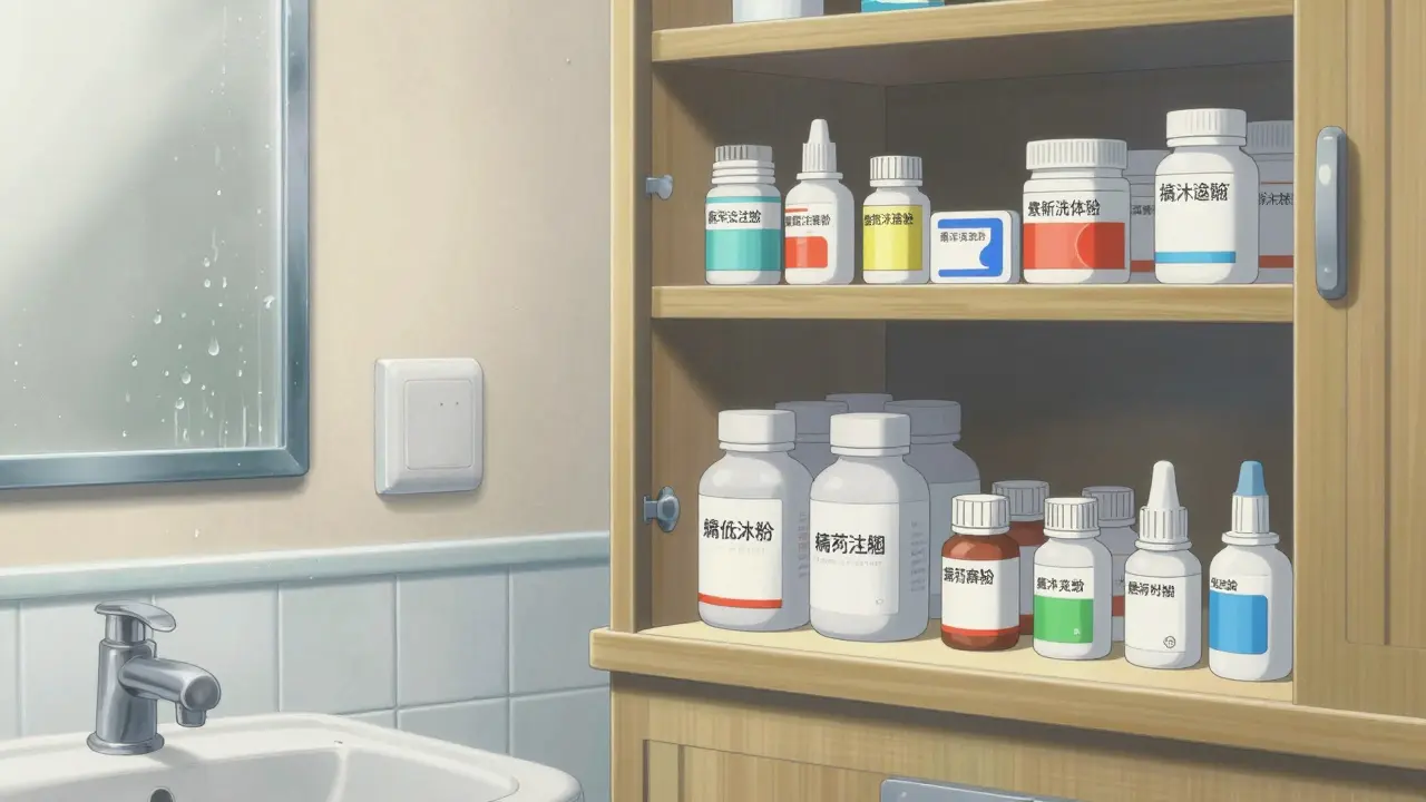 Comparison between a steamy bathroom and a cool, dry kitchen cabinet for medication storage.