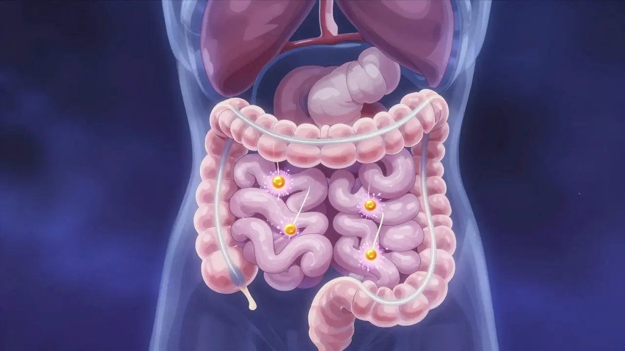 Conceptual anime visualization of sponge-like particles binding bile acids in the gut
