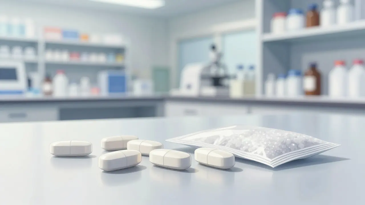 Detailed anime illustration of shiny coated pills and a silica gel desiccant packet.