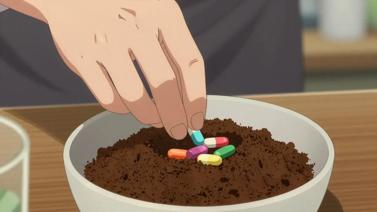 Hands mixing colorful pills into coffee grounds for safe disposal in an anime style.