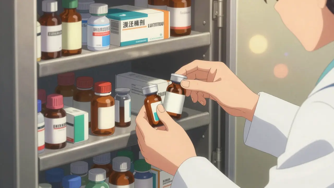 Hands organizing a well-stocked reserve of essential medications in a secure vault