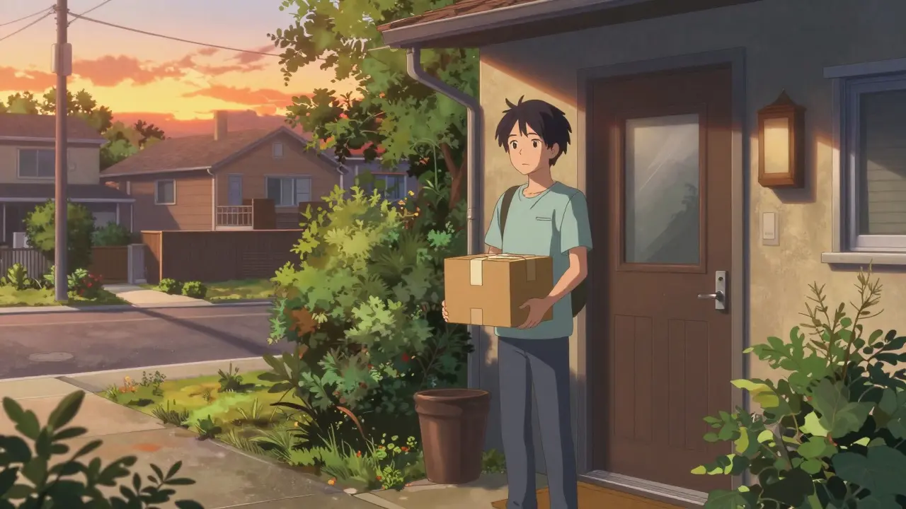 Person receiving a medicine delivery at home during a golden sunset.
