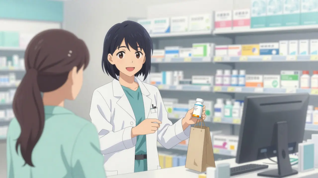 Pharmacist handing a generic medication package to a customer in a bright pharmacy