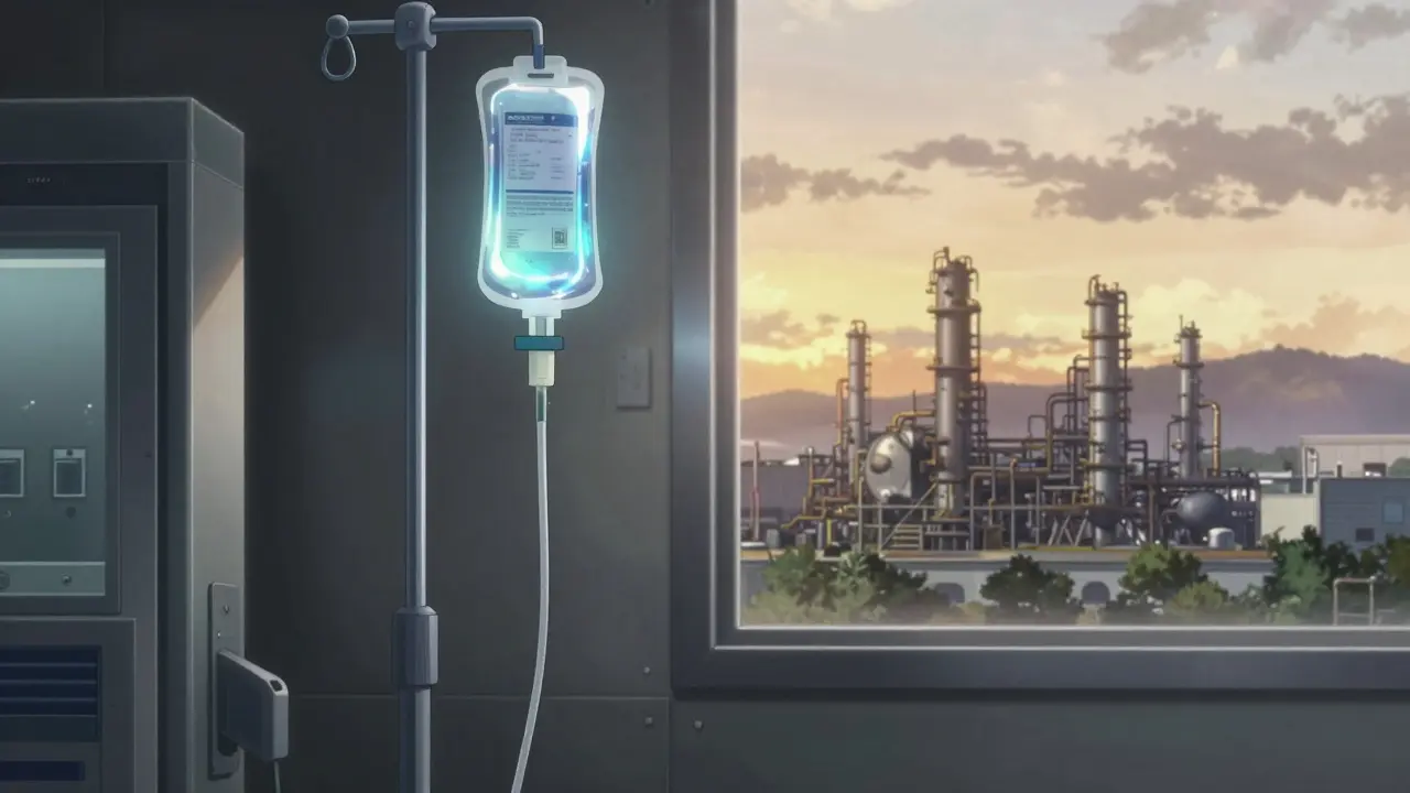 Split view of a sterile IV production room and a distant industrial chemical plant