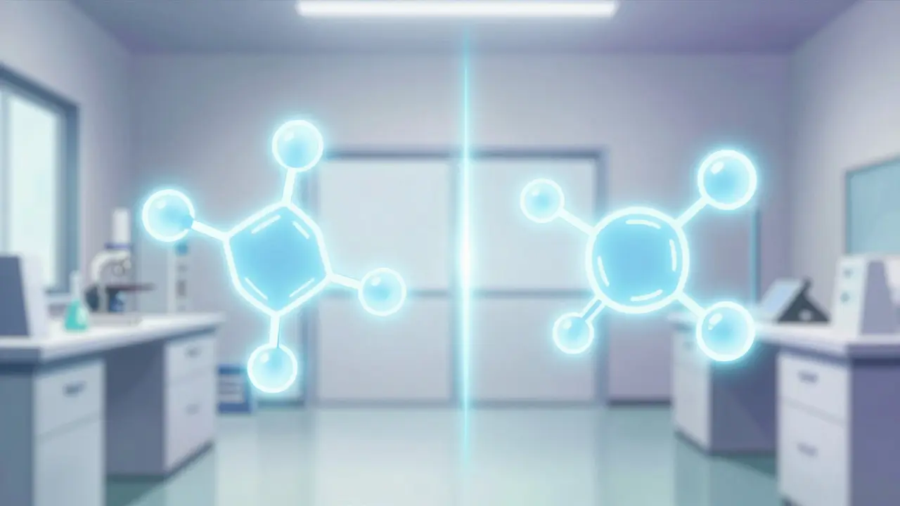 Two identical glowing chemical structures representing drug bioequivalence in a lab