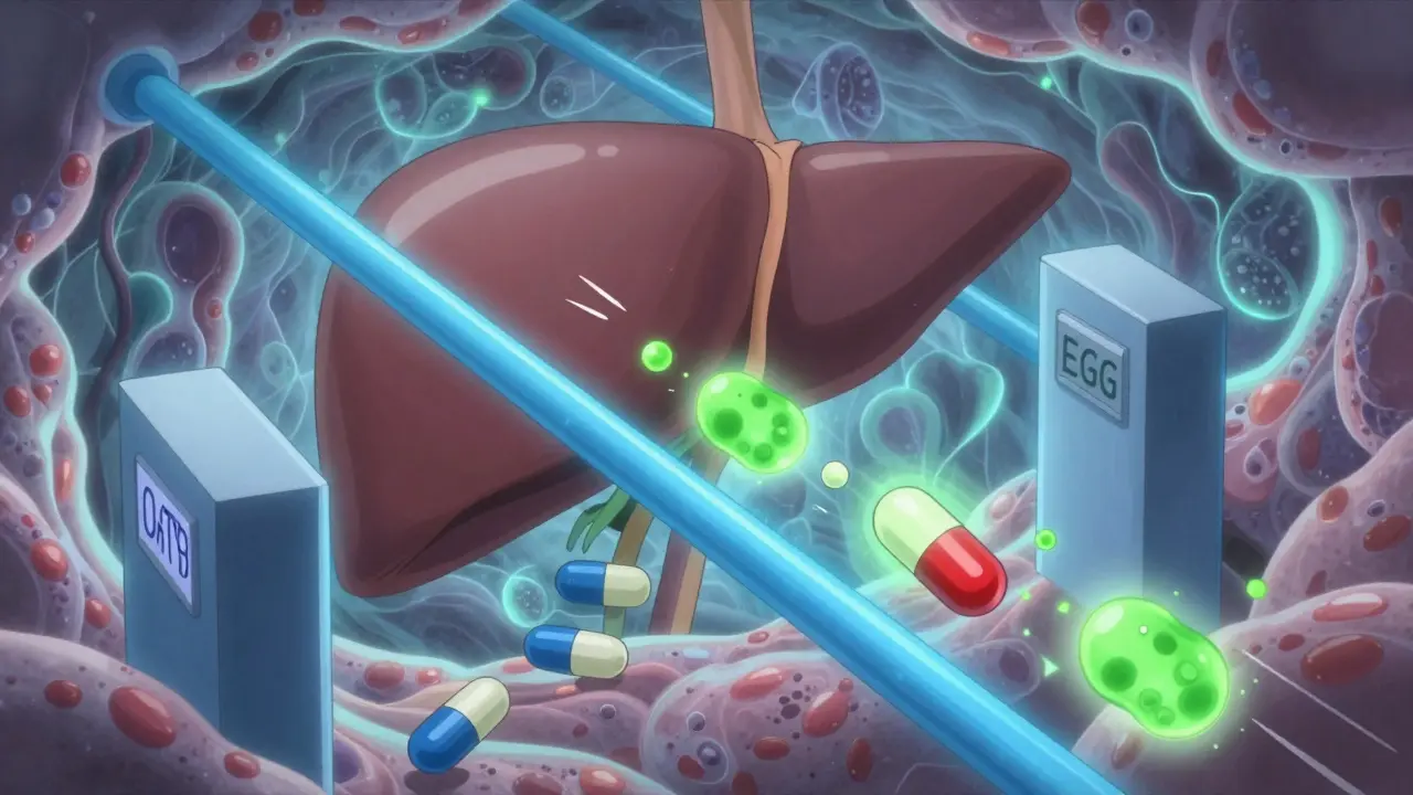 Abstract anime view of green particles blocking meds in liver