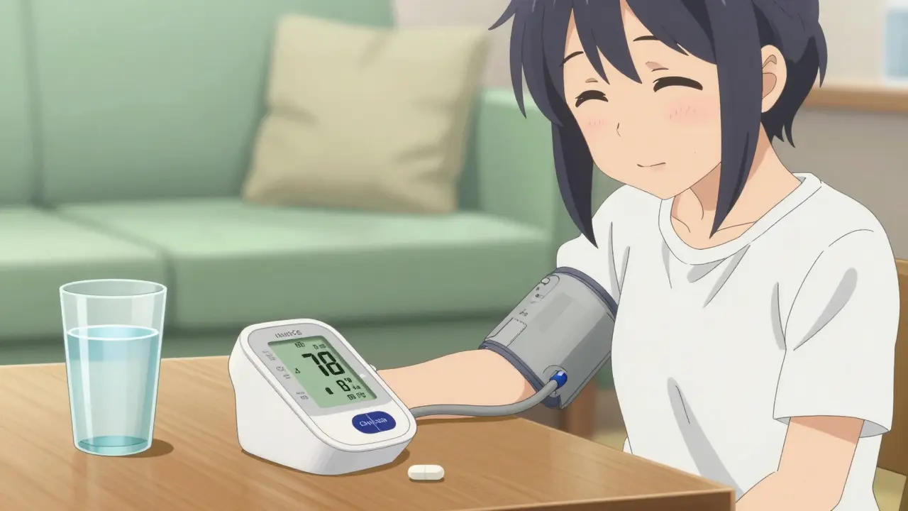 Anime character measuring blood pressure at home with pill nearby
