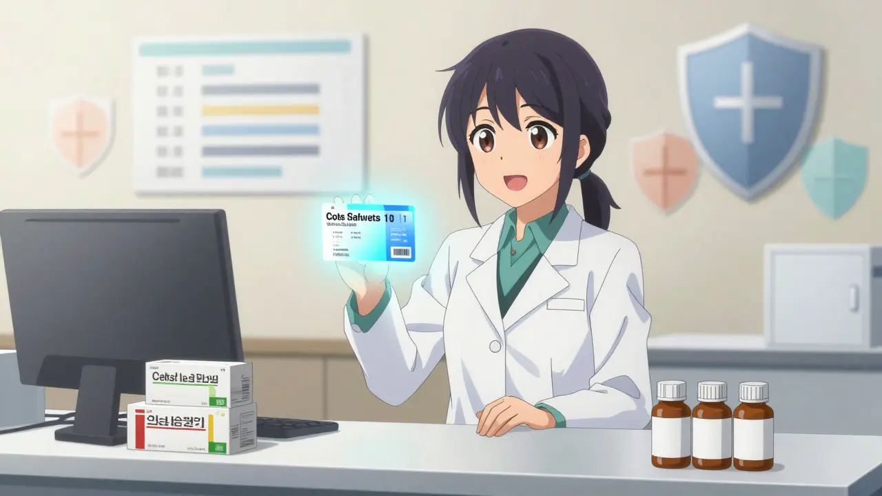 Anime pharmacist showing digital discount coupon for medication savings