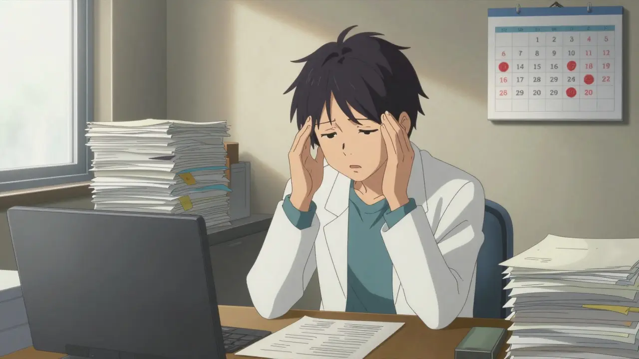 Exhausted doctor buried in paperwork representing administrative burden of prior auth