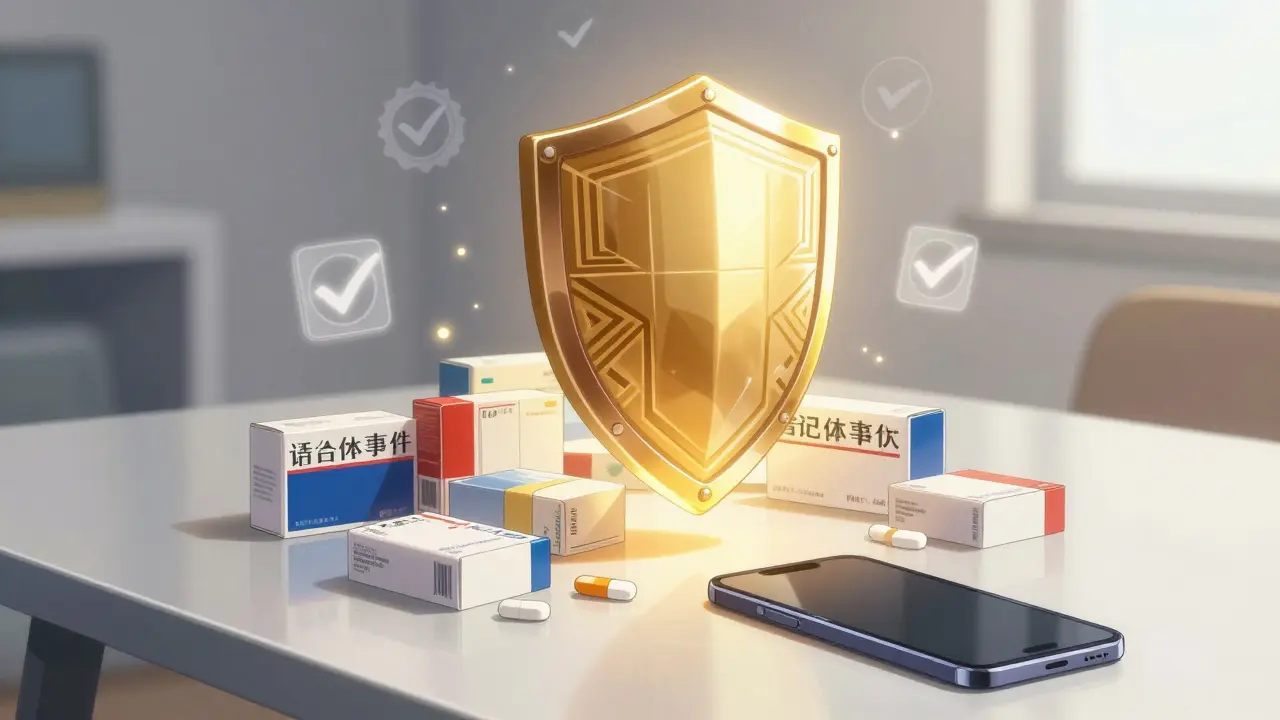 Golden shield protecting medicine boxes and phone on table