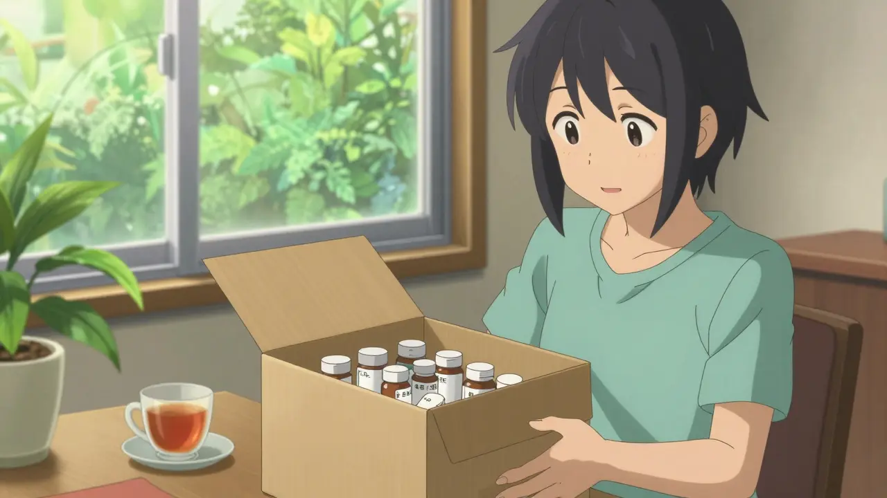 Happy anime character opening medication delivery package