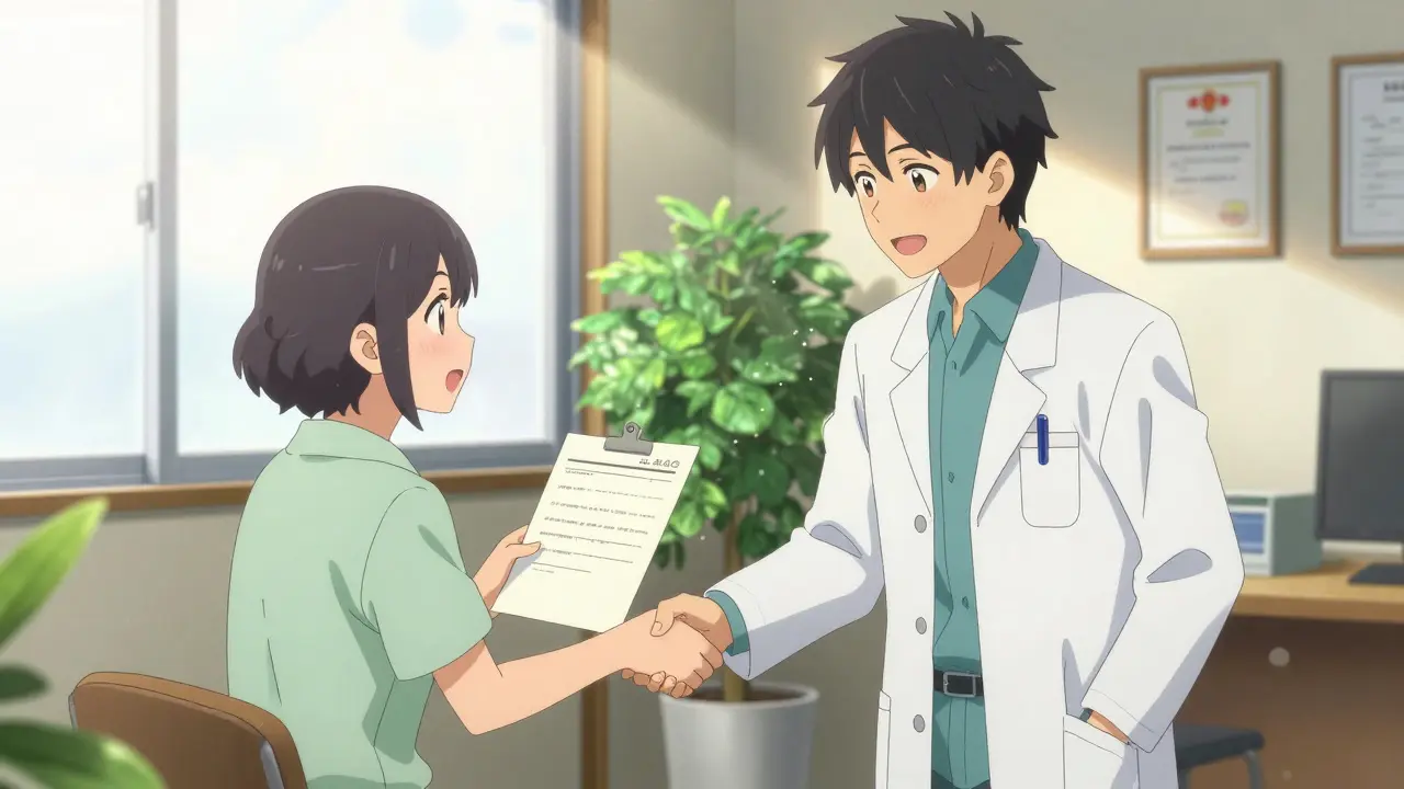 Happy patient and doctor celebrating approved generic medication prescription