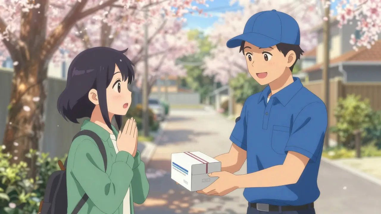 Happy person receiving medicine delivery from courier