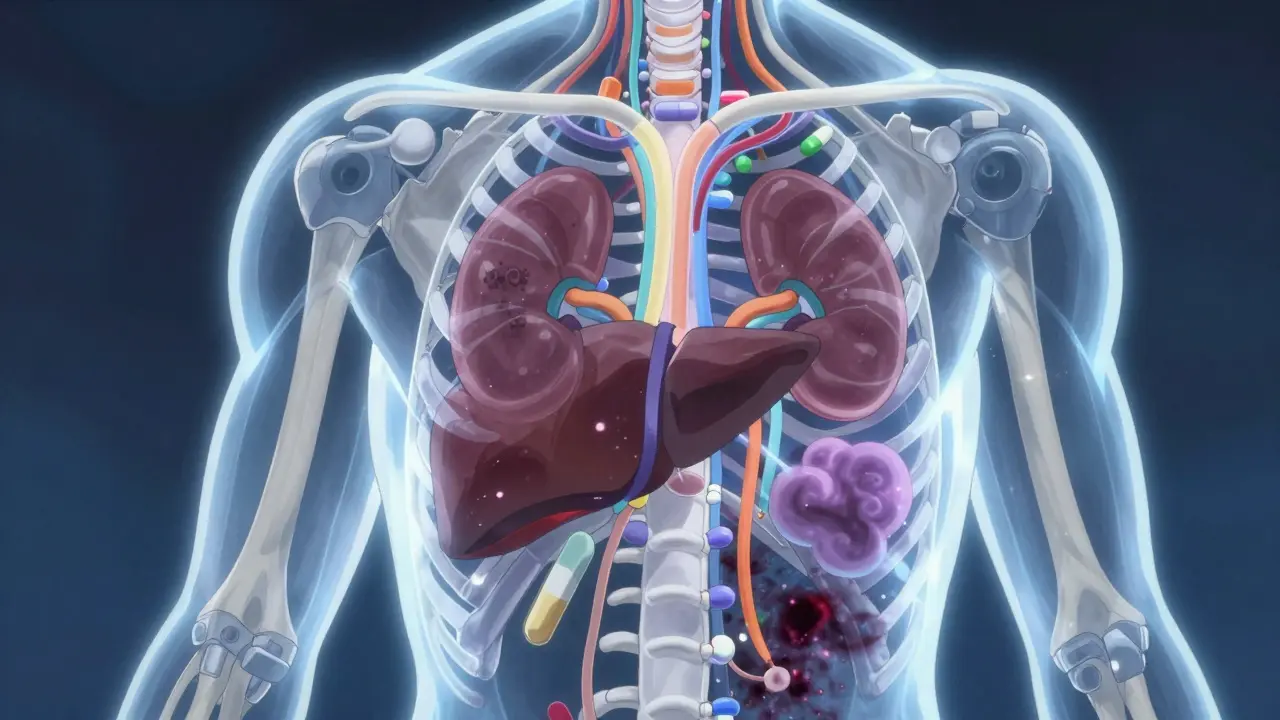 Illustration of liver and kidneys processing drugs internally