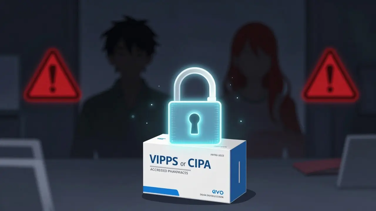 Illustration of secure online pharmacy packaging vs scam warnings.