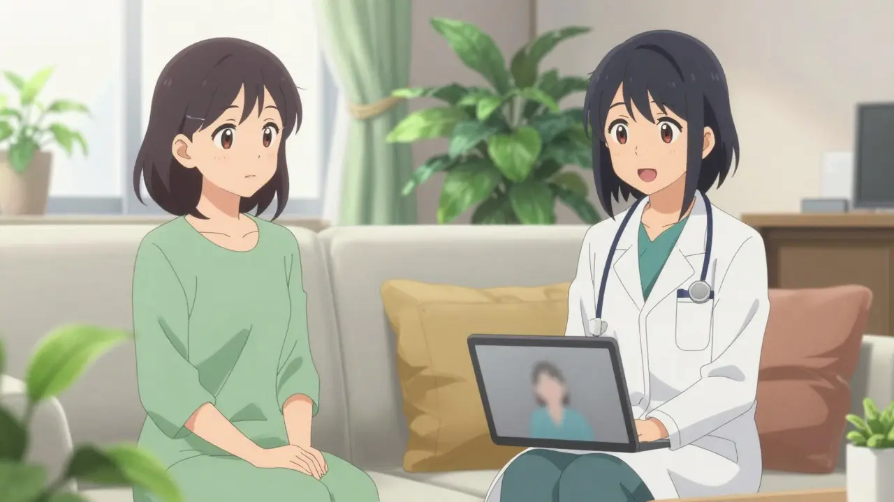 Patient having a video consultation with a doctor in anime style.