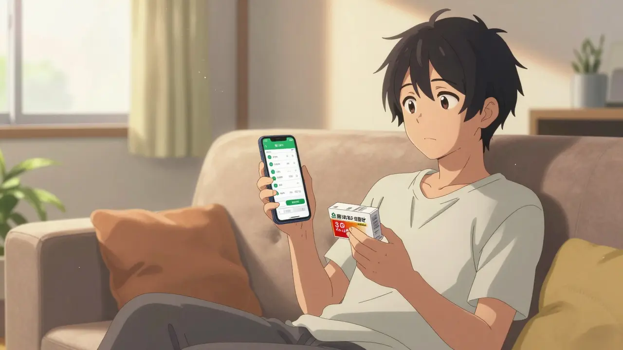 Person checking medication prices on smartphone in a sunny, cozy living room.