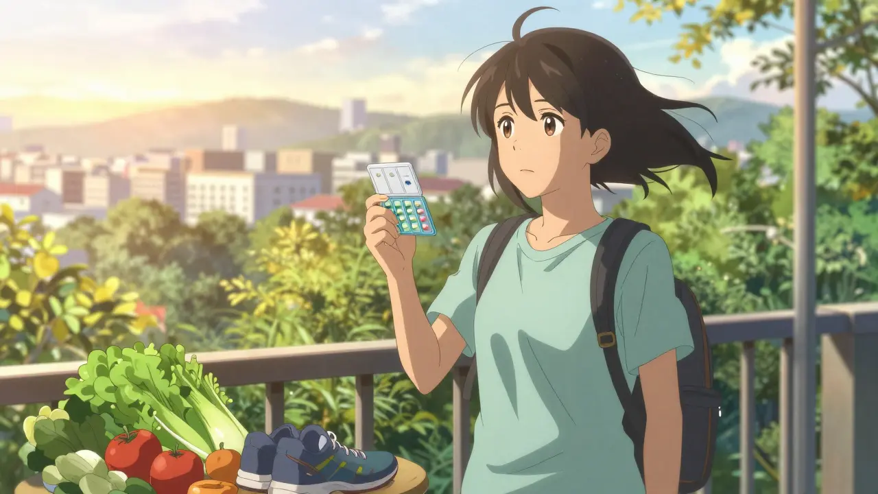 Person looking at sunrise with healthy food and running shoes nearby