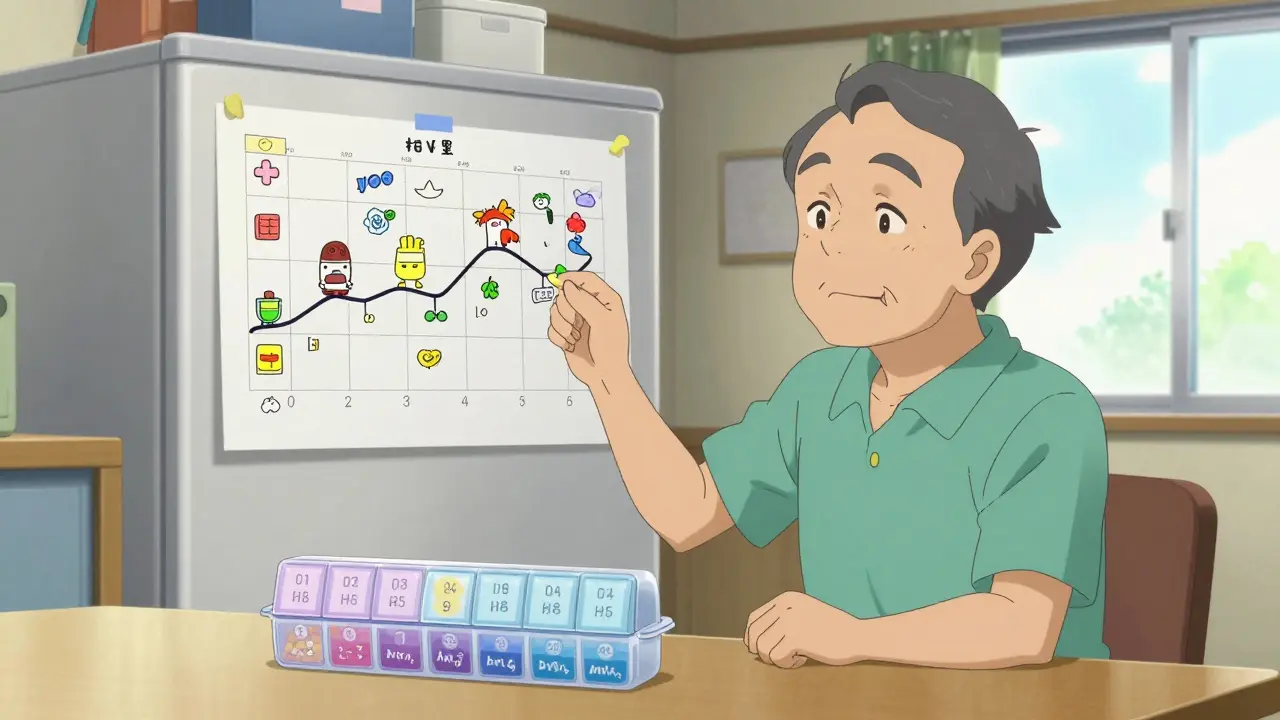 Person using pill organizer and timeline chart for medication schedule