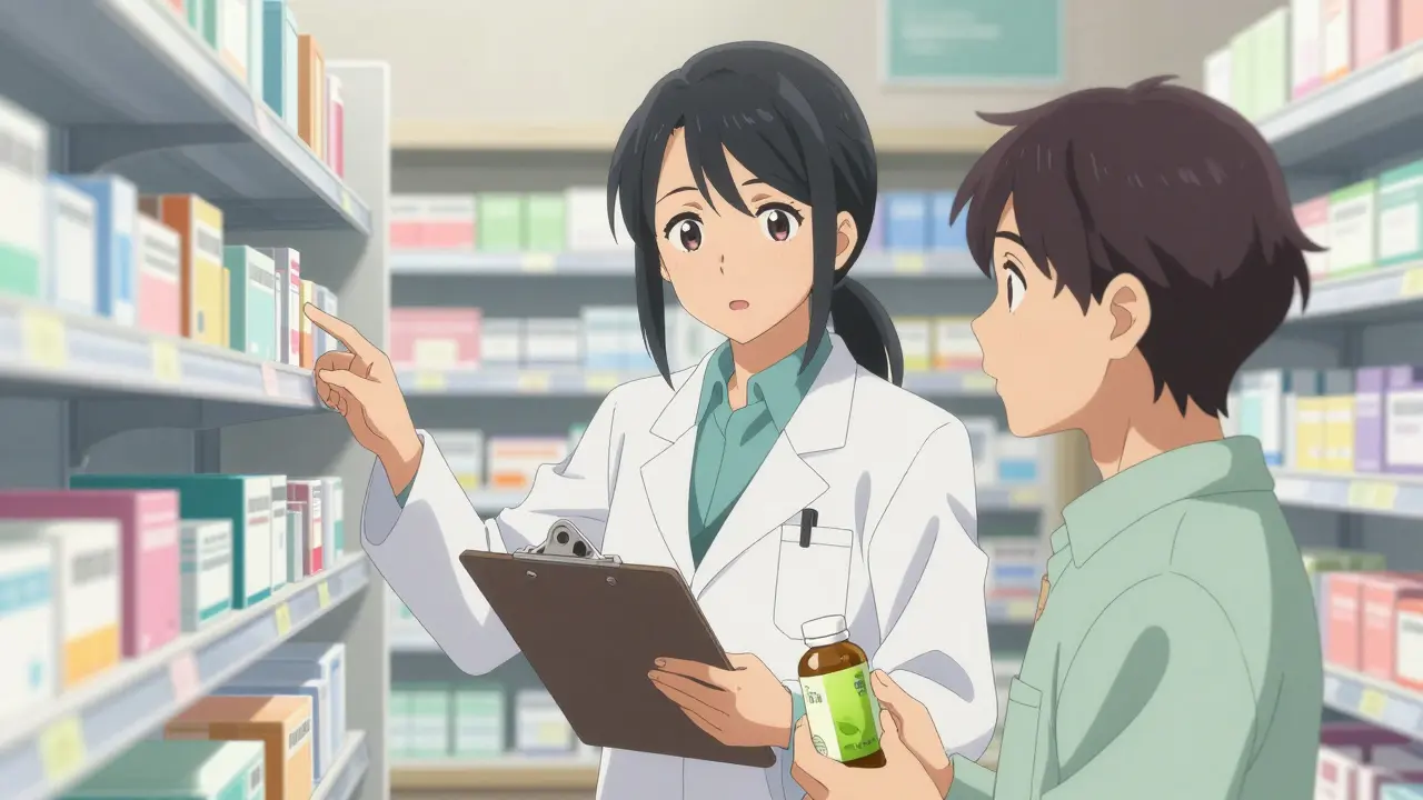 Pharmacist advising patient about drug interactions
