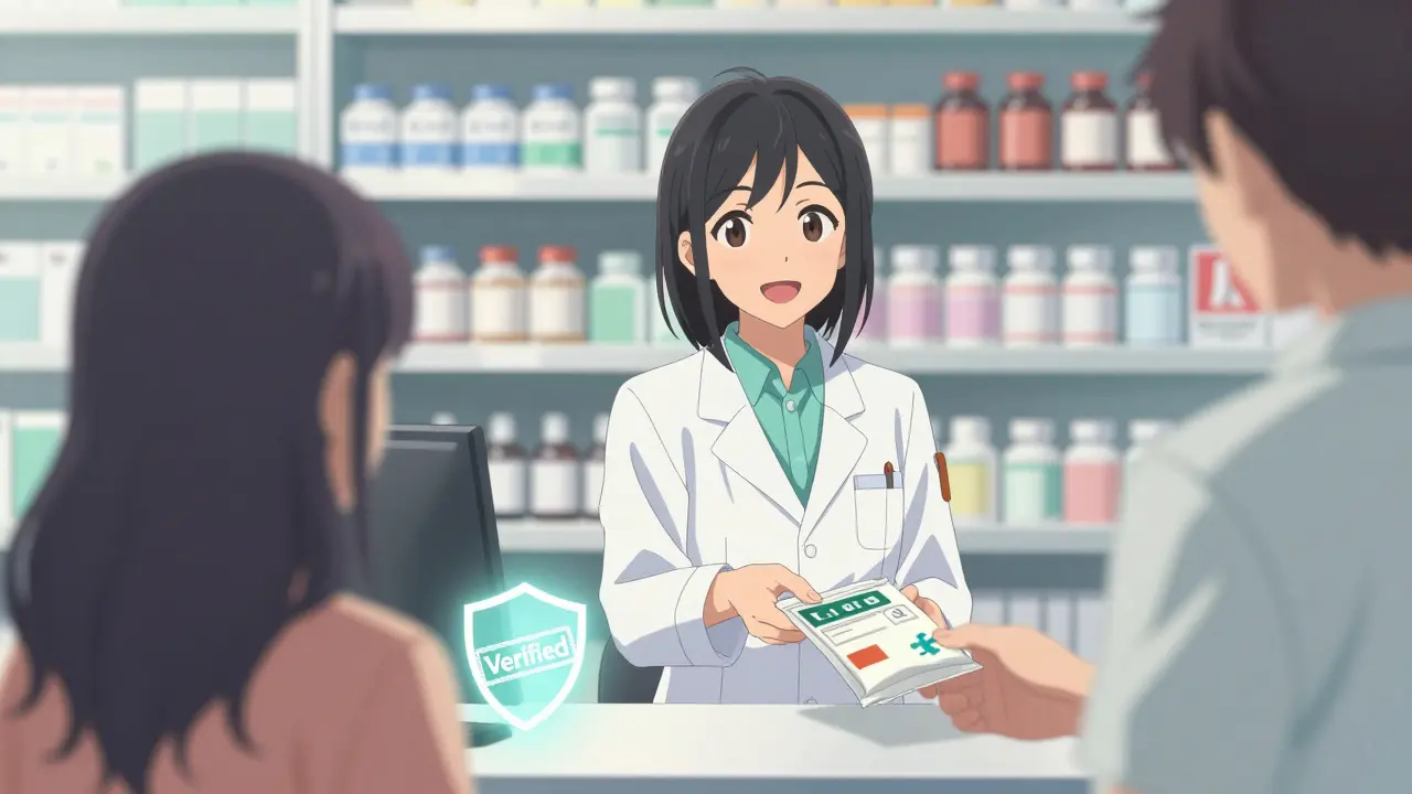 Pharmacist handing medication to customer with safety symbols in anime style.