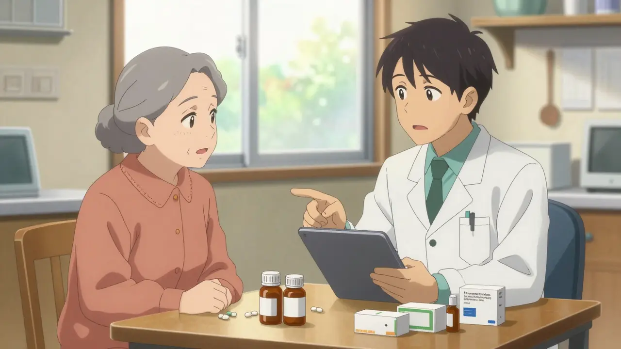 Pharmacist reviewing many medications with elderly patient