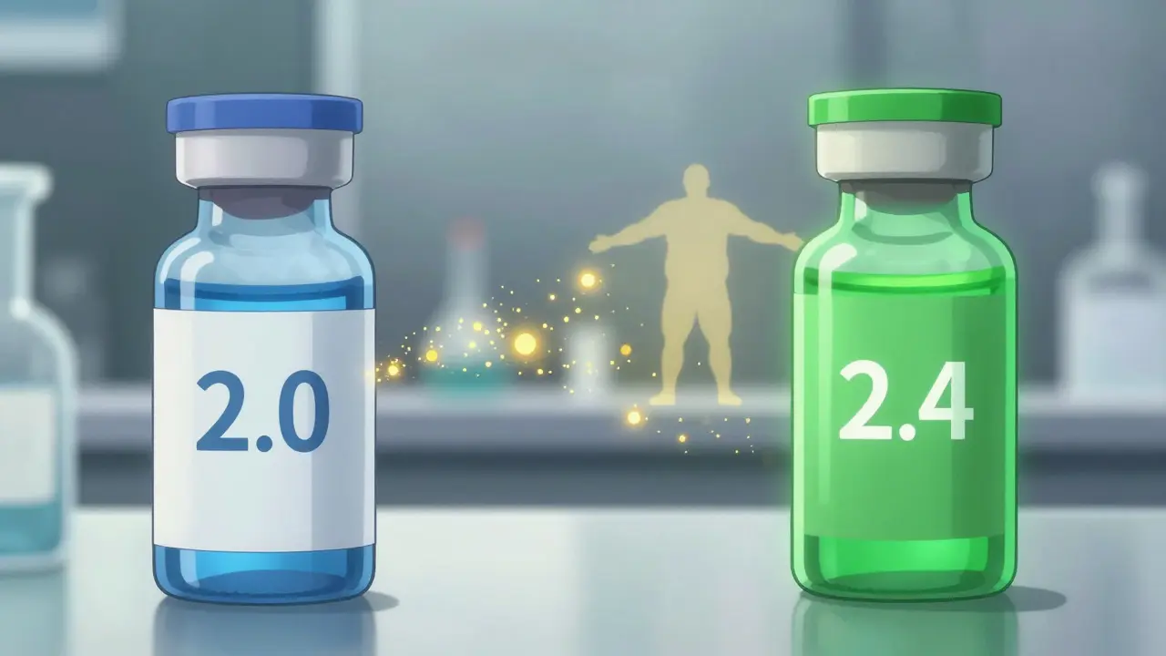 Visual comparison of two medication vials with abstract efficacy symbols