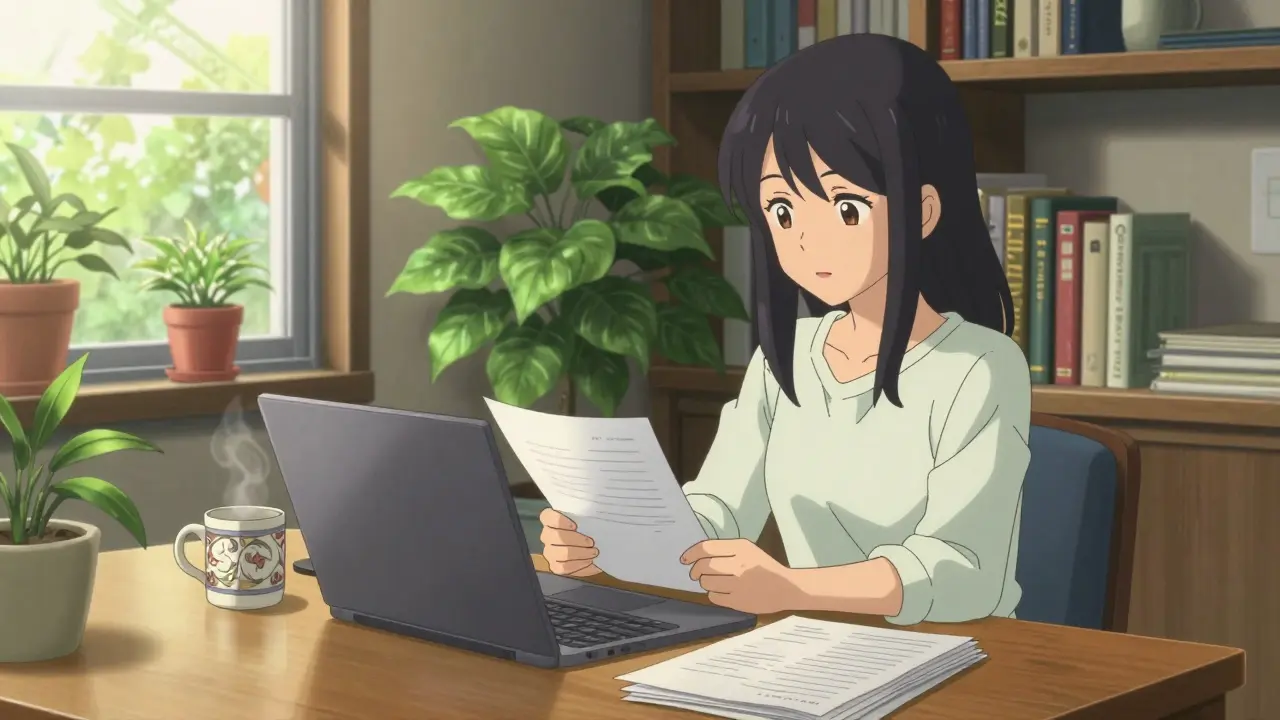 Woman relaxing at desk with coffee and paperwork in sunny room