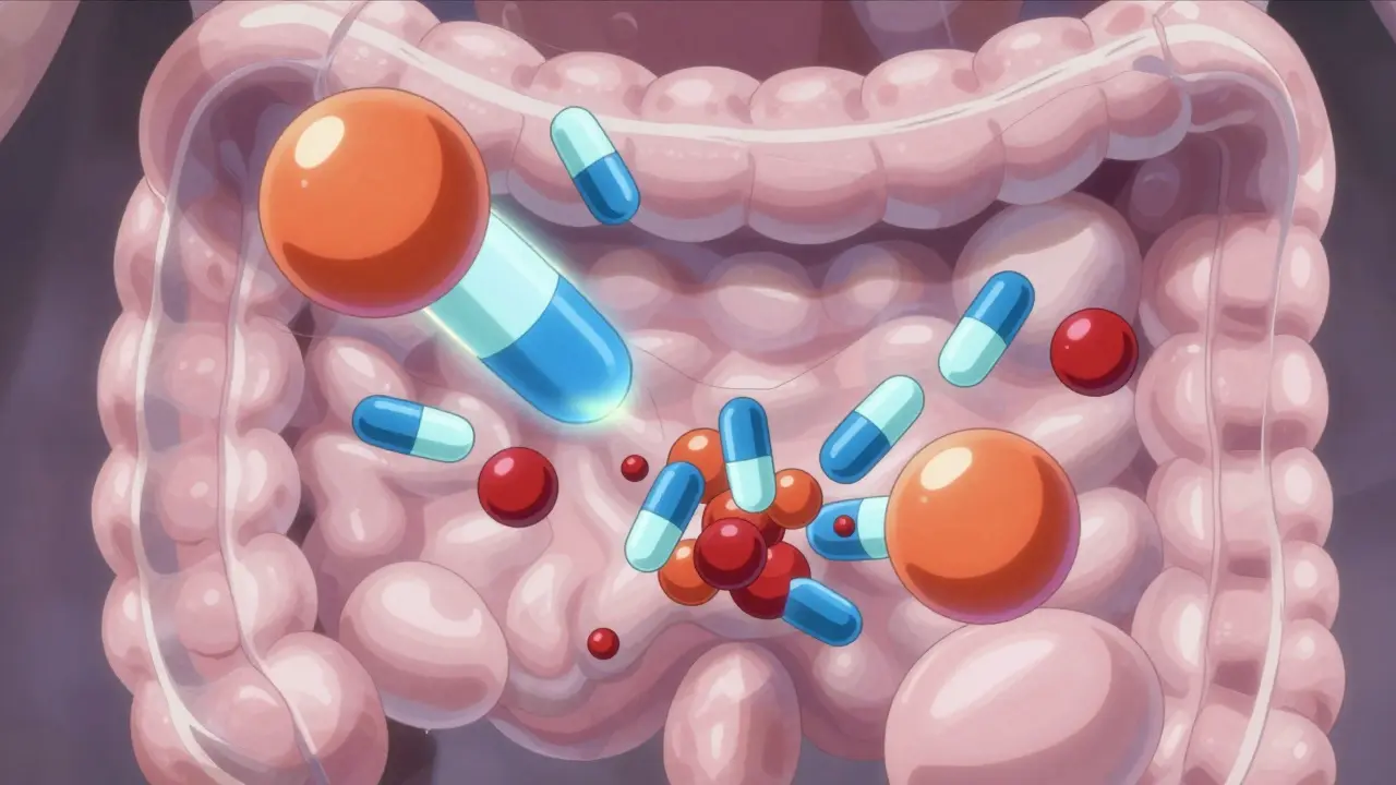 Abstract anime visualization of minerals blocking drug absorption