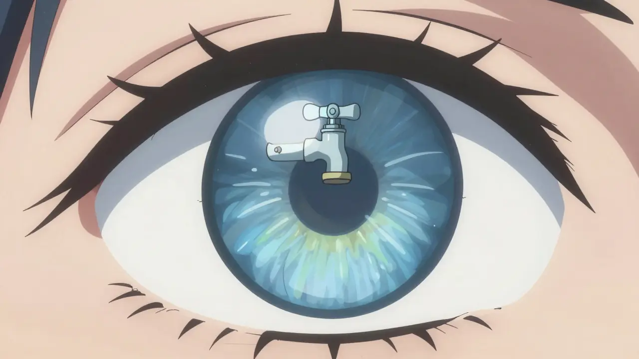 Anime eye with a faucet metaphor for glaucoma treatment