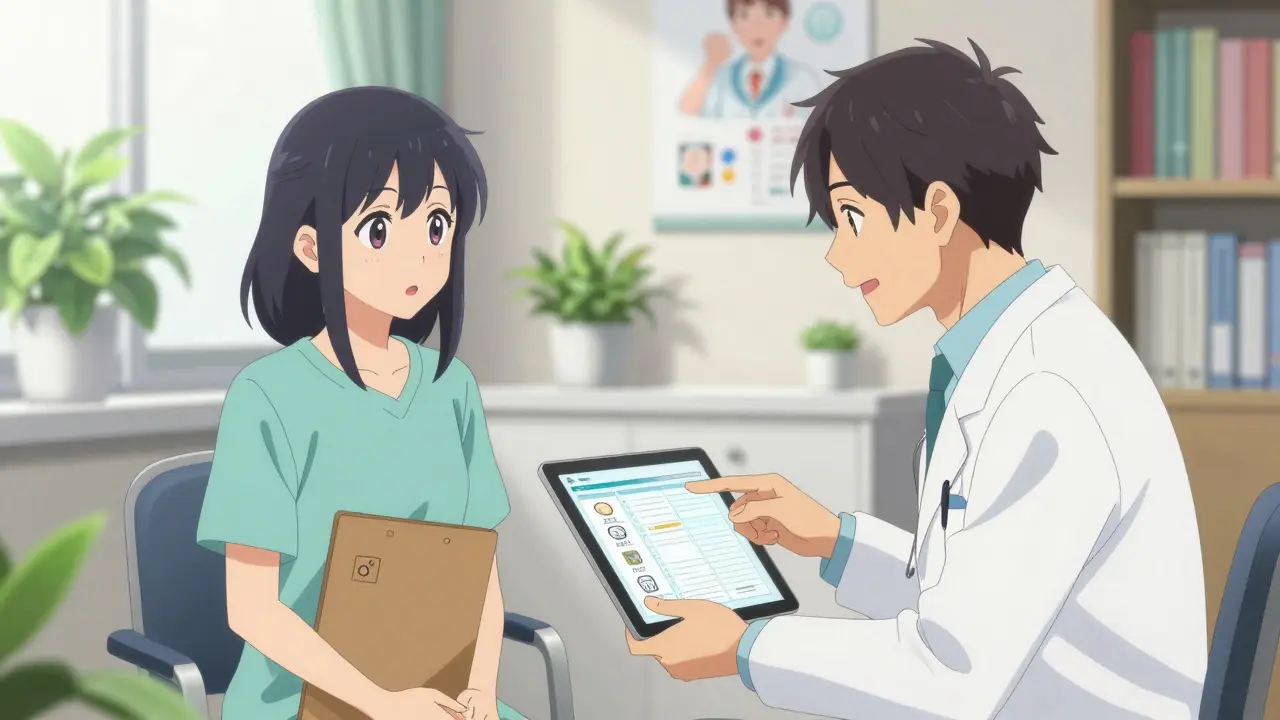 Anime patient discussing care plan with a doctor in a bright, plant-filled medical office.