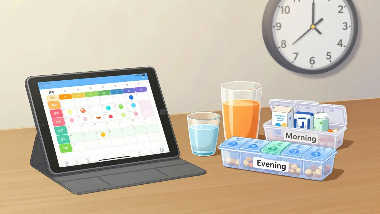 Anime scene showing organized morning and evening medication schedules
