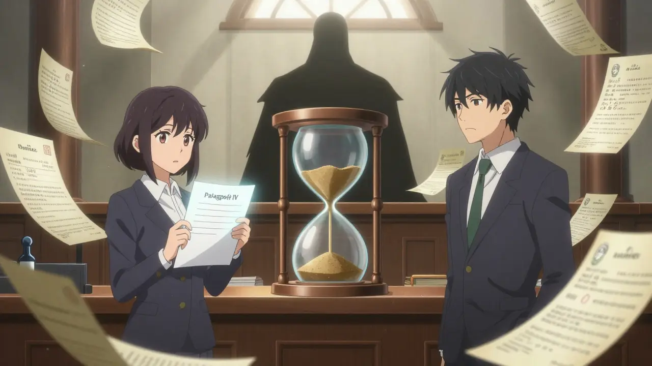 Anime style courtroom scene showing legal battle over drug patents and regulatory timelines